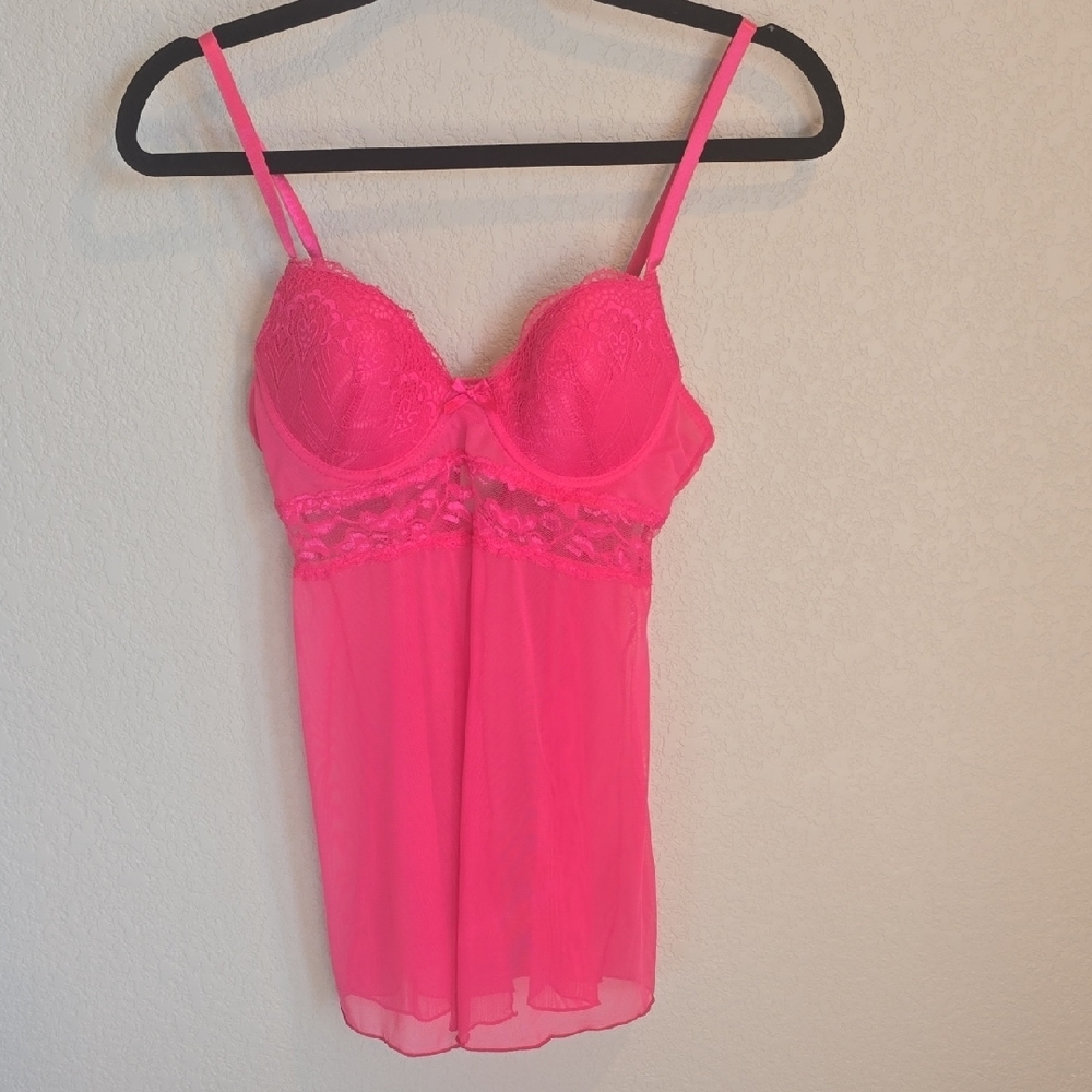 Hot Pink Lace & Mesh Babydoll Lingerie Chemise Padded Cups Size XS